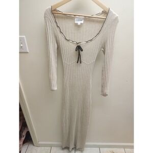 OLIVE OAK Ribbed Knit Long Sleeve Midi Dress Black Trim Tie Neck Beige Size S